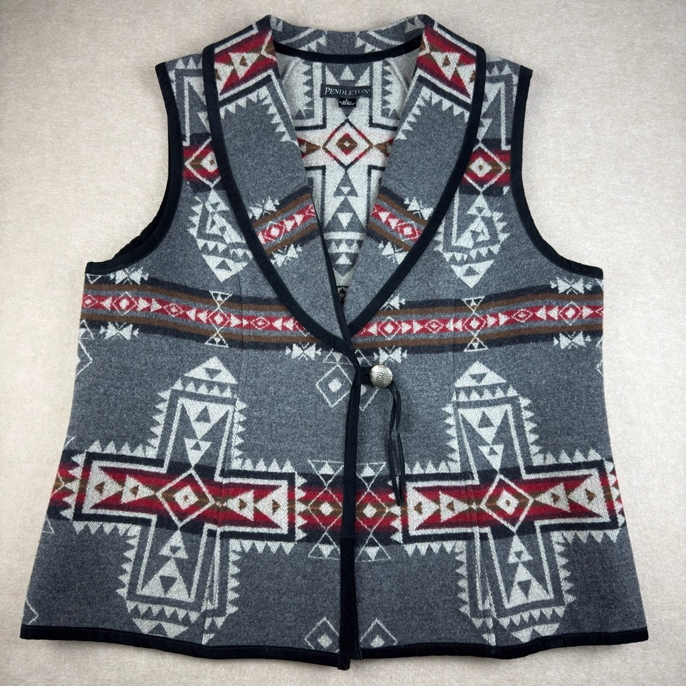 Pendleton‎ Womens Wool Vest L Gray Southwest Navajo USA Fabric El Salvador